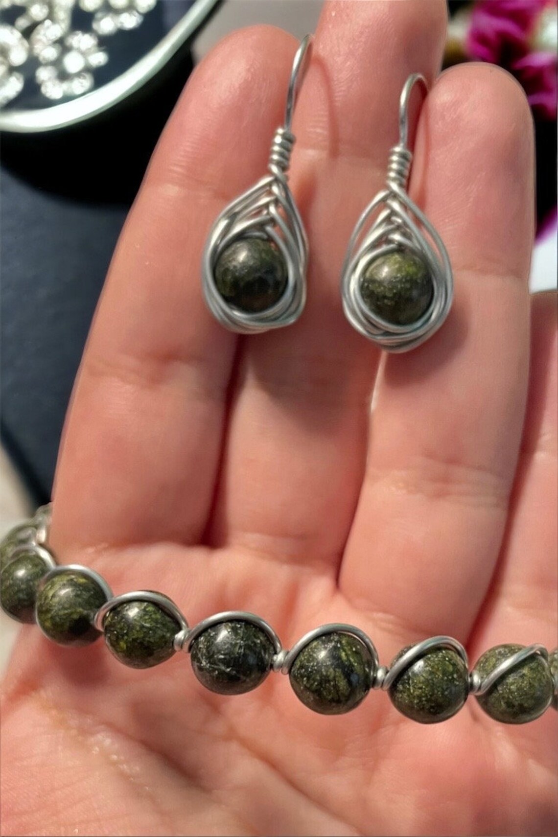 African Green Jasper Wire Wrap Bracelet and Earrings Set