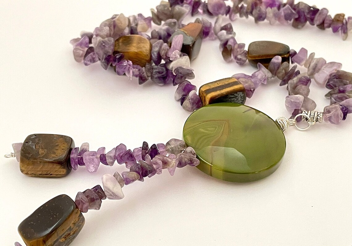 Amethyst, Quartz and Brown-line Green Semi Precious Pendant Necklace