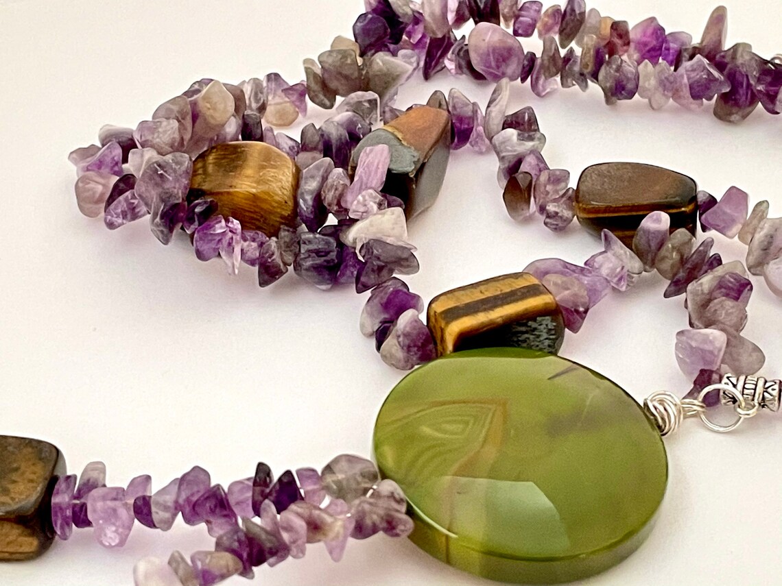 Amethyst, Quartz and Brown-line Green Semi Precious Pendant Necklace