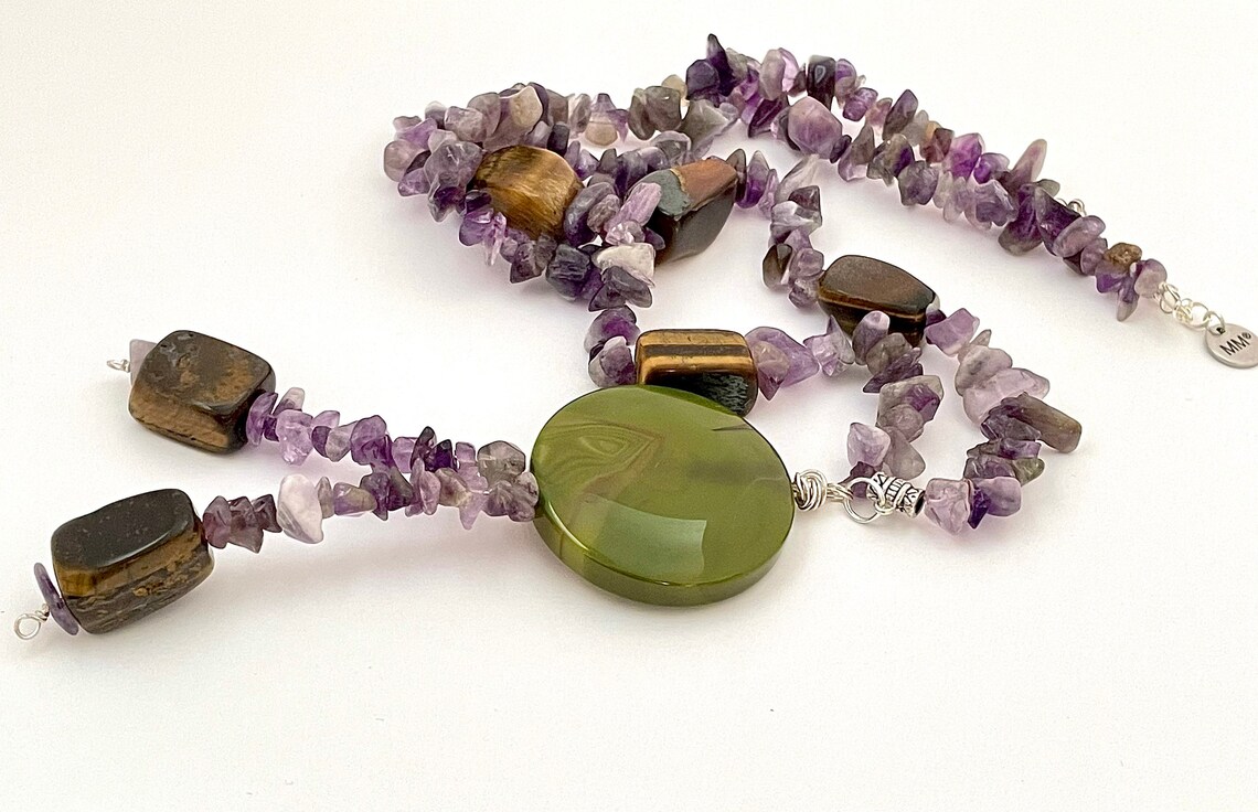 Amethyst, Quartz and Brown-line Green Semi Precious Pendant Necklace