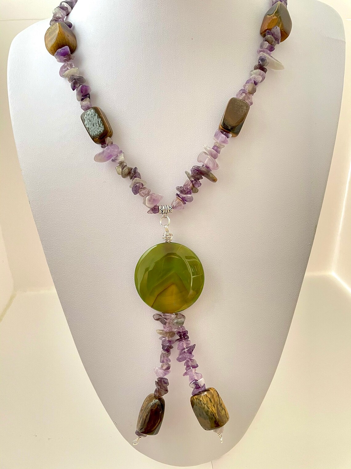 Amethyst, Quartz and Brown-line Green Semi Precious Pendant Necklace
