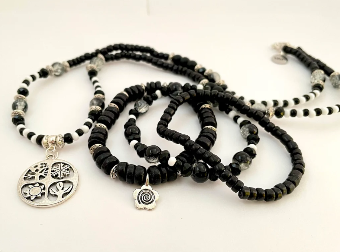 Black & White Season and Flower Necklace and 3 Matching Bracelets