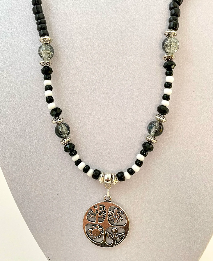 Black & White Season and Flower Necklace and 3 Matching Bracelets