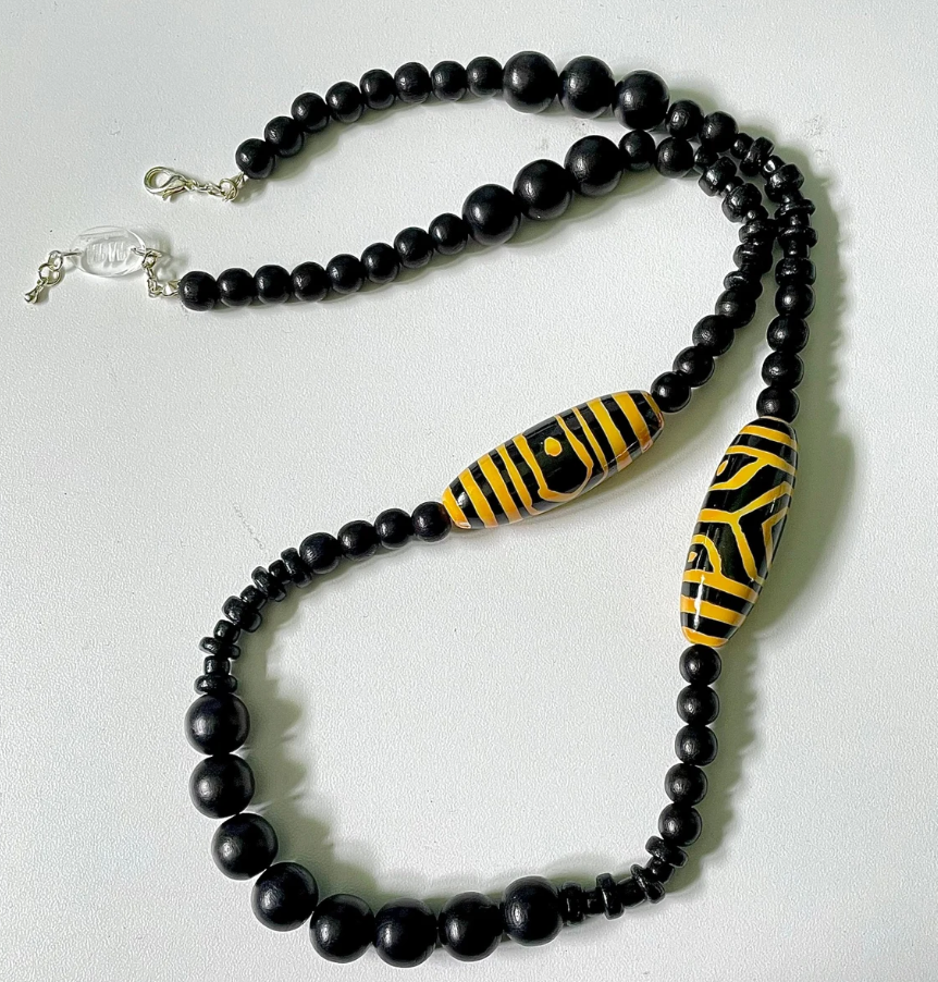 Black & Yellow Ceramic, Wood and Coconut Beaded Necklace
