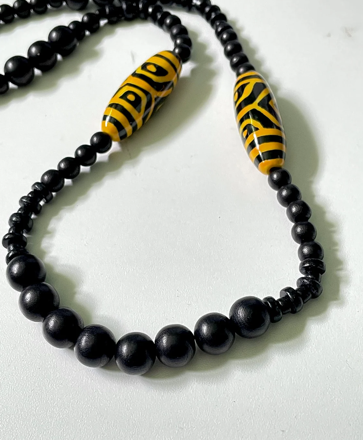 Black & Yellow Ceramic, Wood and Coconut Beaded Necklace