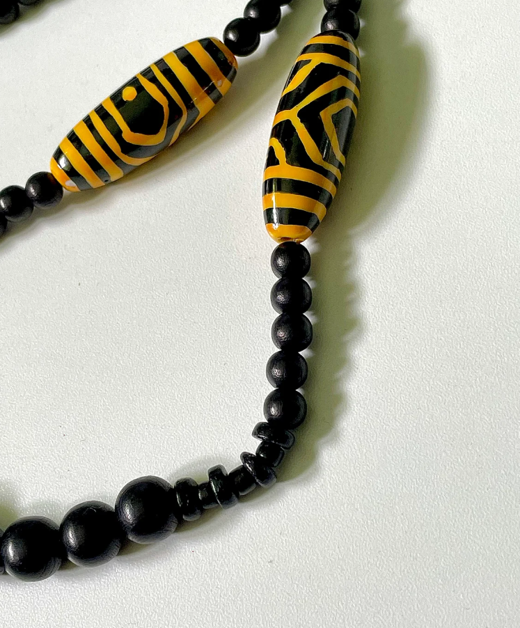 Black & Yellow Ceramic, Wood and Coconut Beaded Necklace