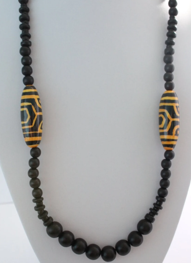 Black & Yellow Ceramic, Wood and Coconut Beaded Necklace