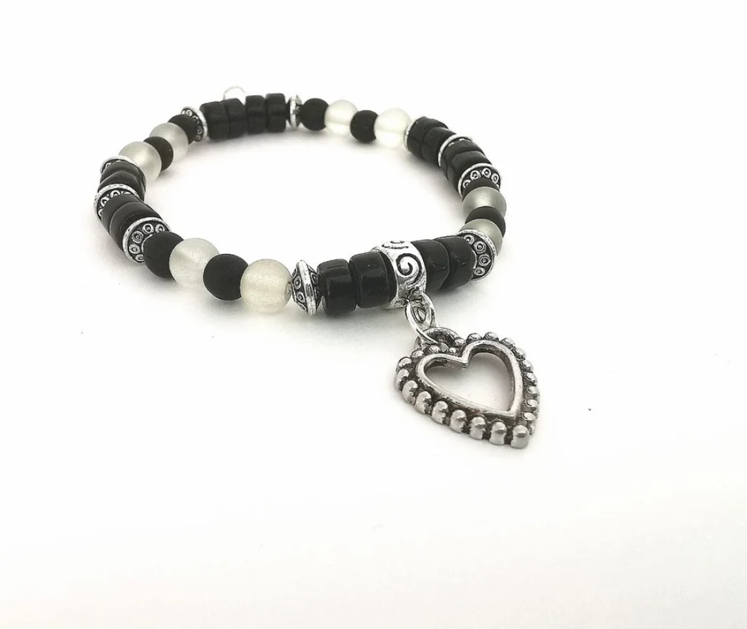 Black and Clear Frosted Glass and Heart Charm Bracelet
