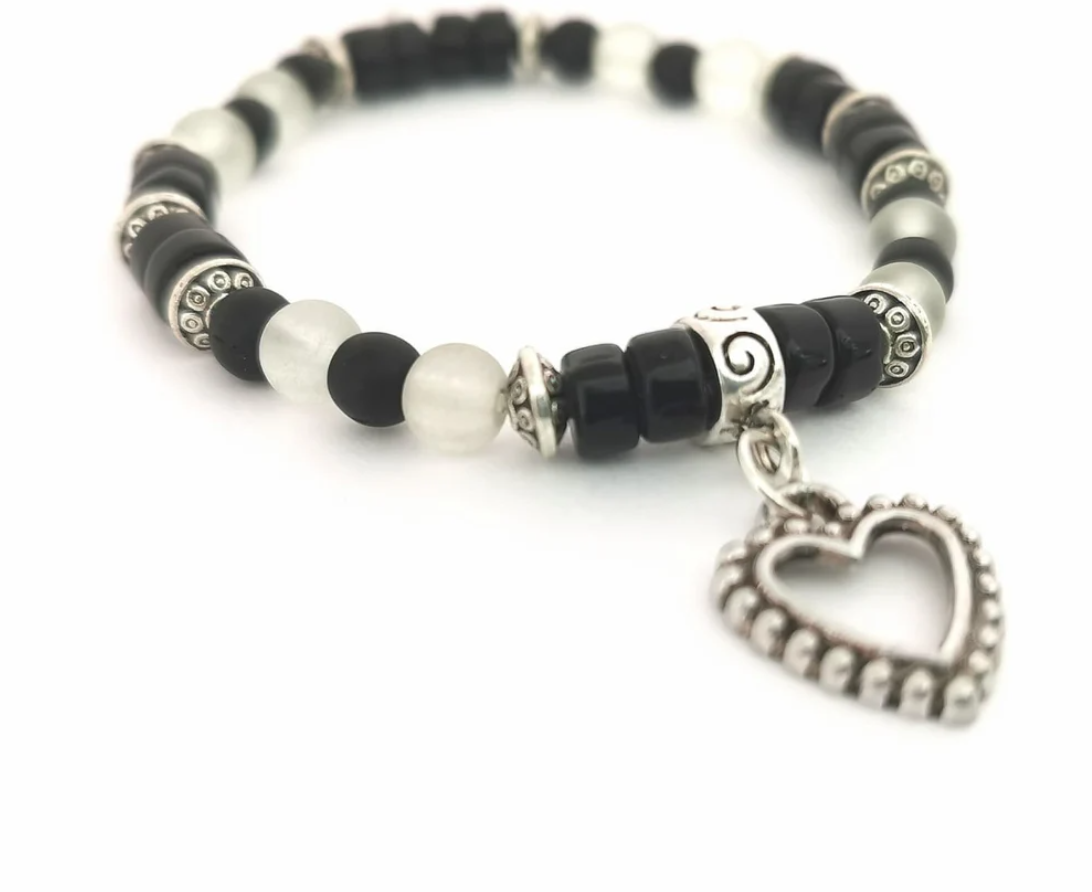 Black and Clear Frosted Glass and Heart Charm Bracelet
