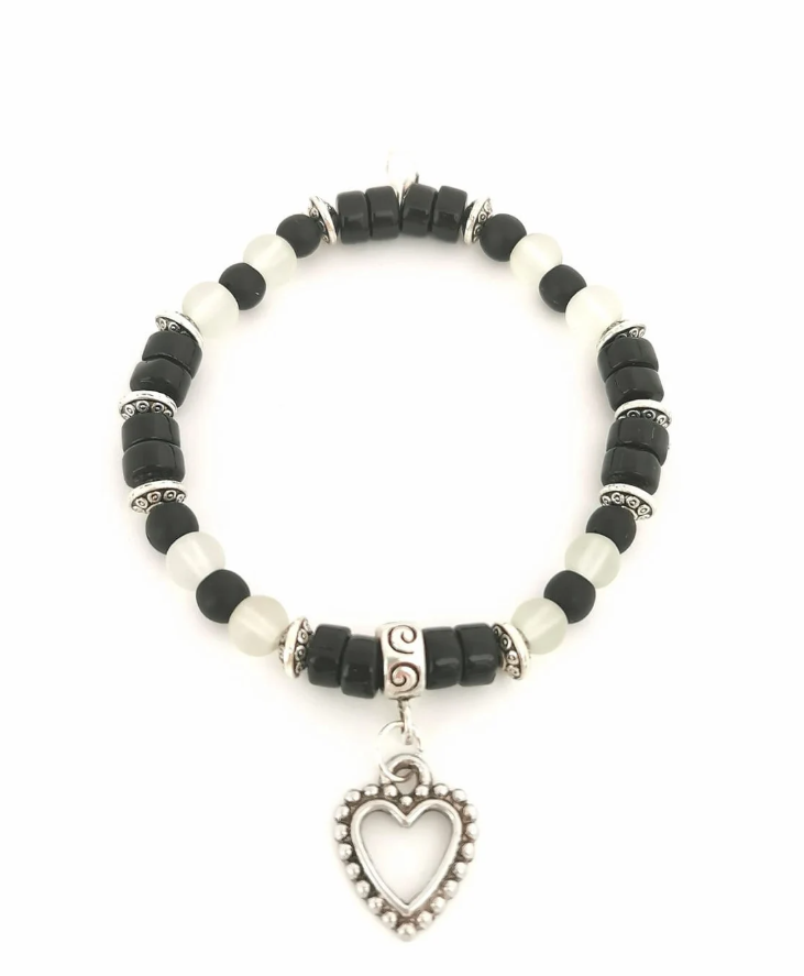 Black and Clear Frosted Glass and Heart Charm Bracelet
