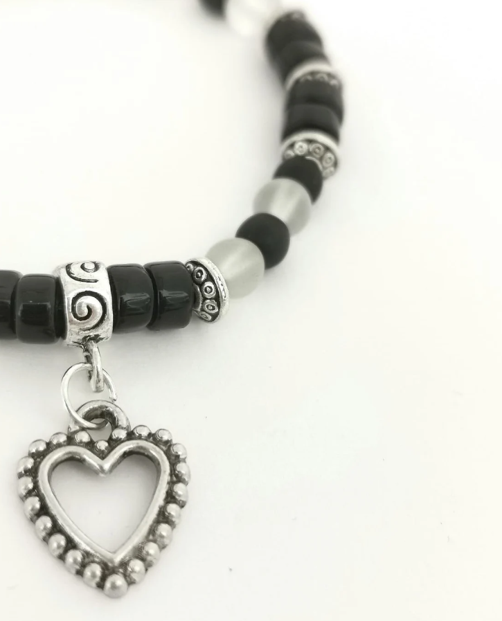 Black and Clear Frosted Glass and Heart Charm Bracelet