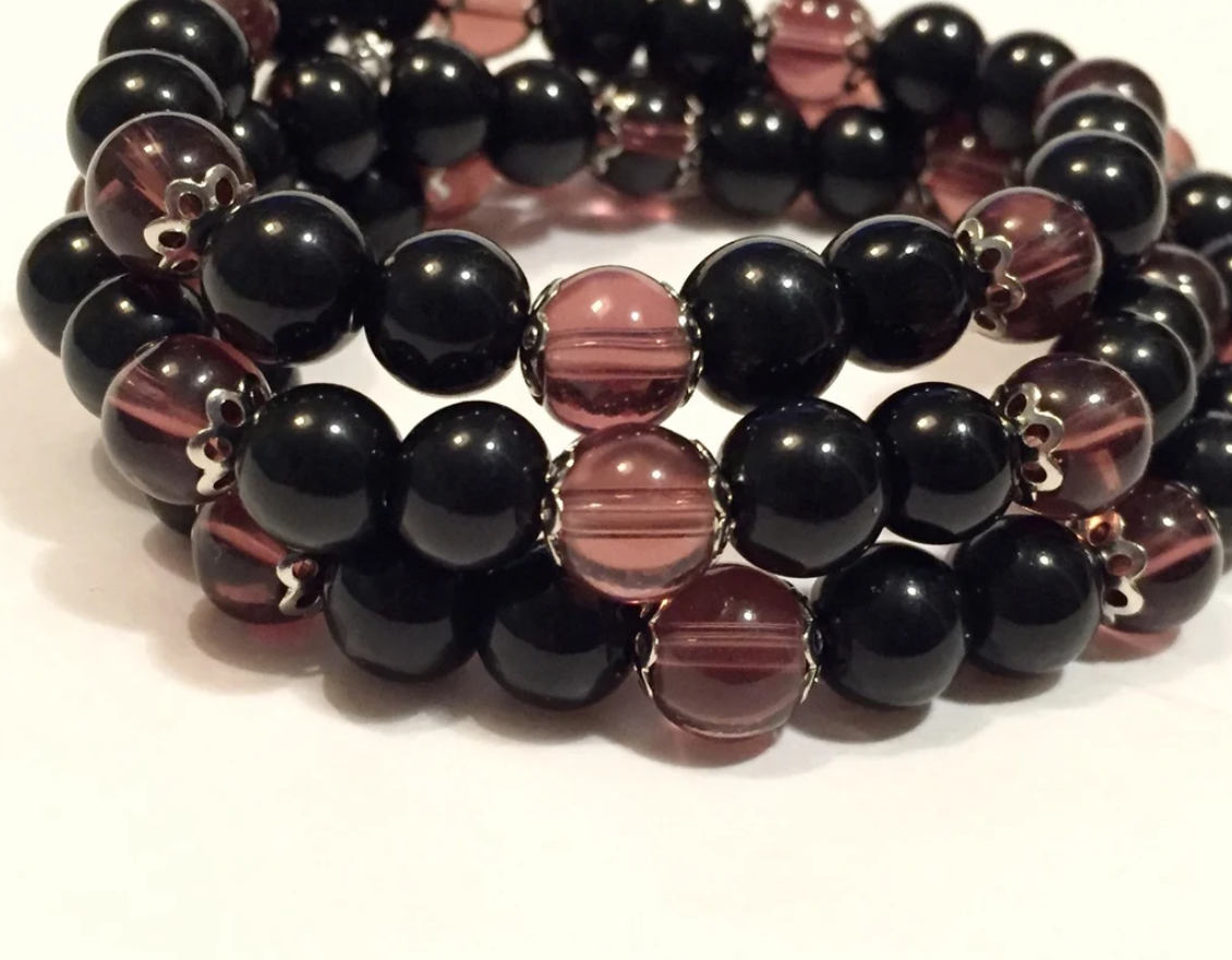 Black and Purple Glass Beaded Bracelet