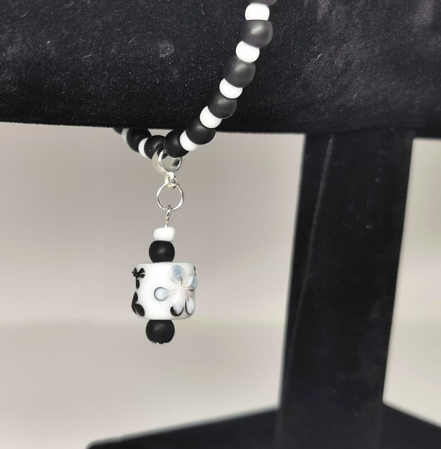 Black and White Dangling Charm Glass Lamp Work Bracelet