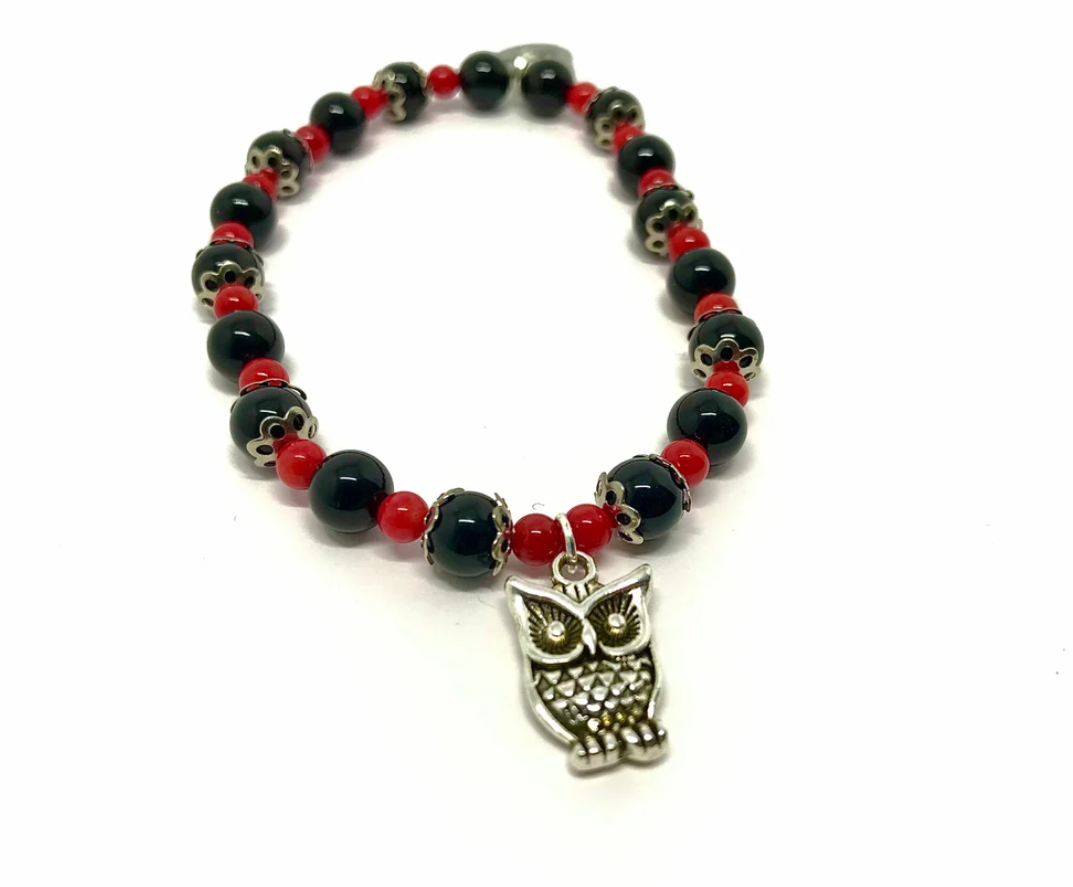 Black Onyx and Red Coral Owl Charm Bracelet