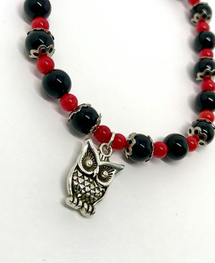 Black Onyx and Red Coral Owl Charm Bracelet