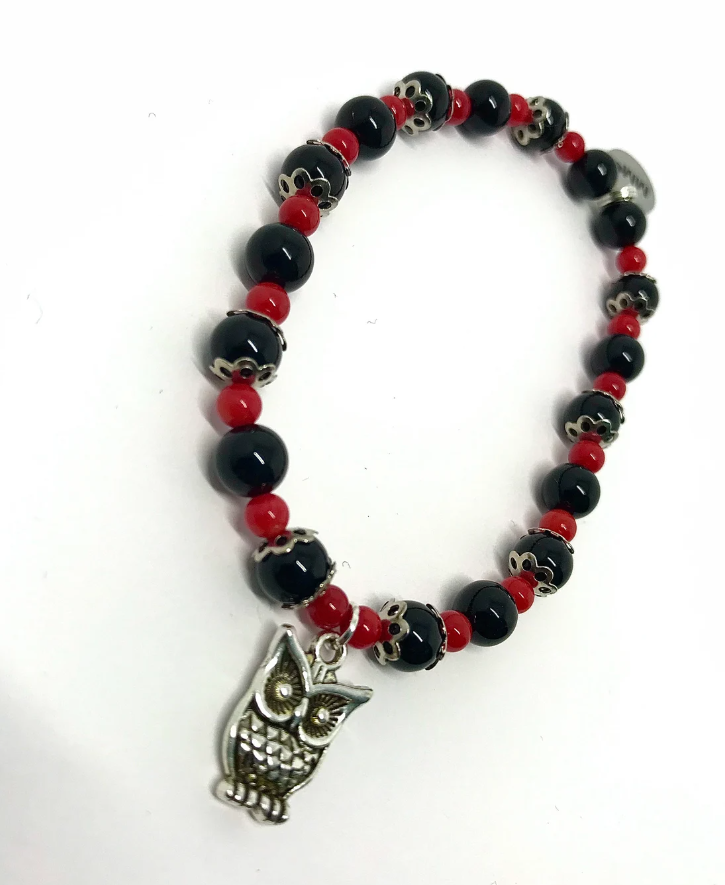 Black Onyx and Red Coral Owl Charm Bracelet