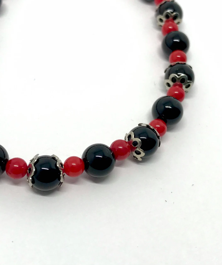 Black Onyx and Red Coral Owl Charm Bracelet