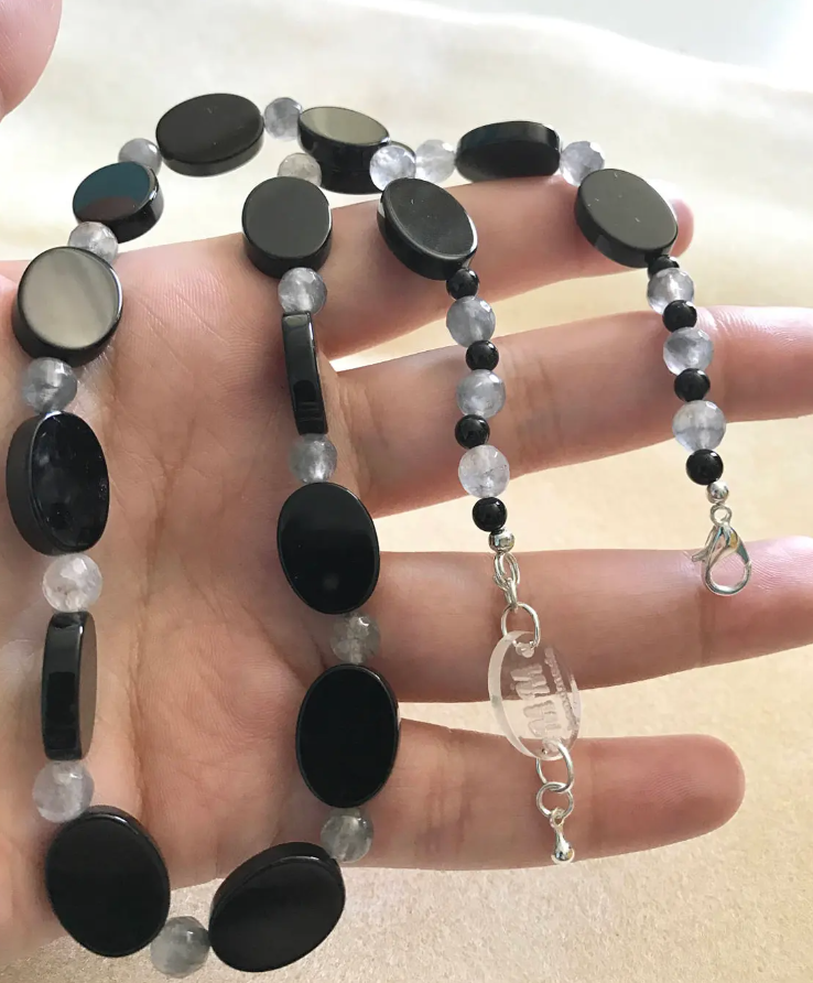 Black Onyx and Silver Cloud Quartz Short Necklace