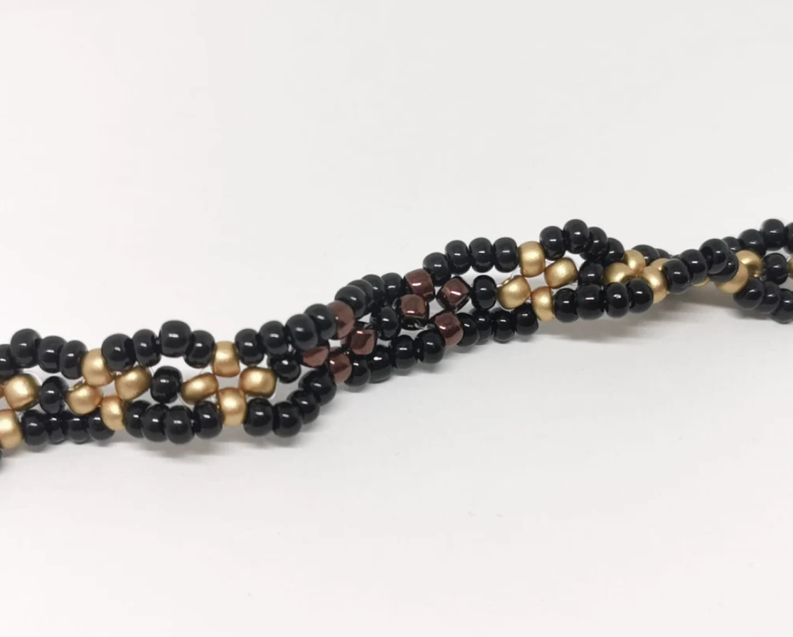 Black, gold and Aubergine Twisty Beadwork Bracelet