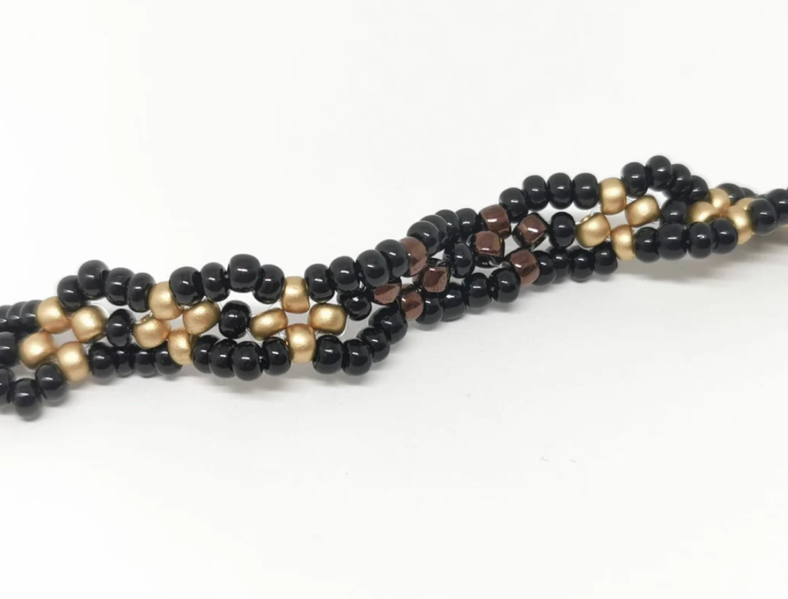 Black, gold and Aubergine Twisty Beadwork Bracelet