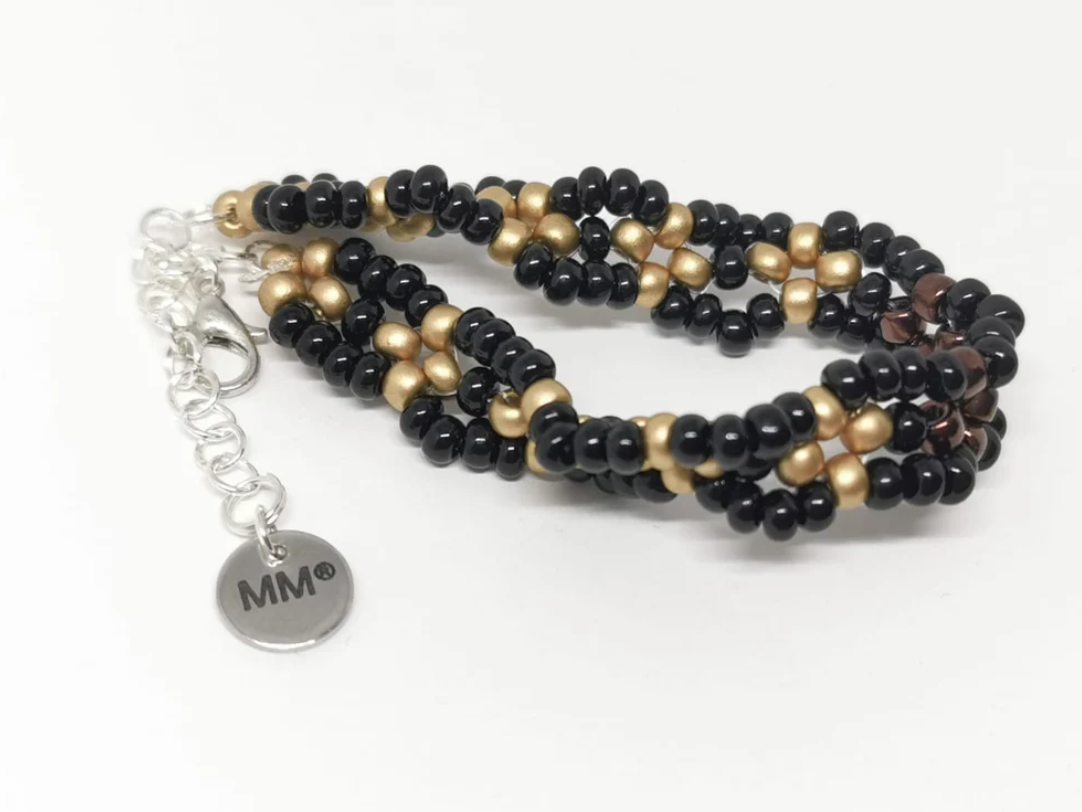 Black, gold and Aubergine Twisty Beadwork Bracelet