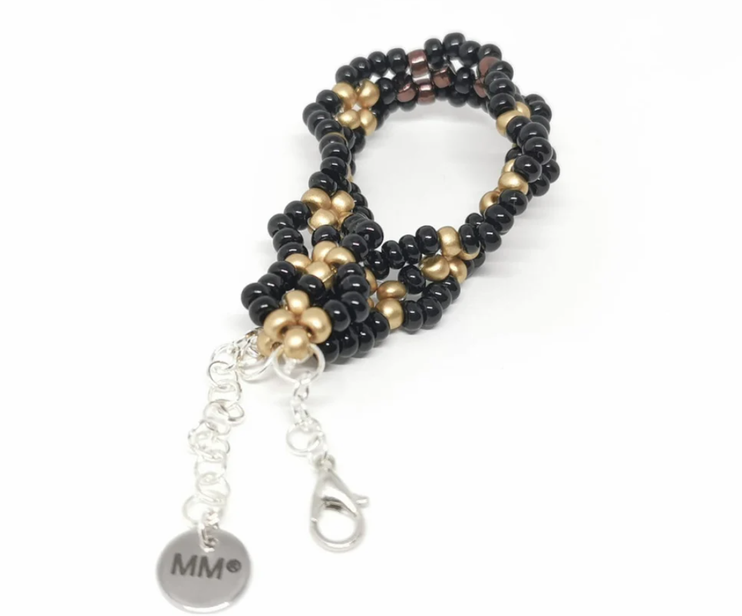 Black, gold and Aubergine Twisty Beadwork Bracelet