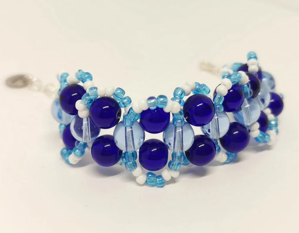 Blue and White Beadwork Glass Cuff Bracelet