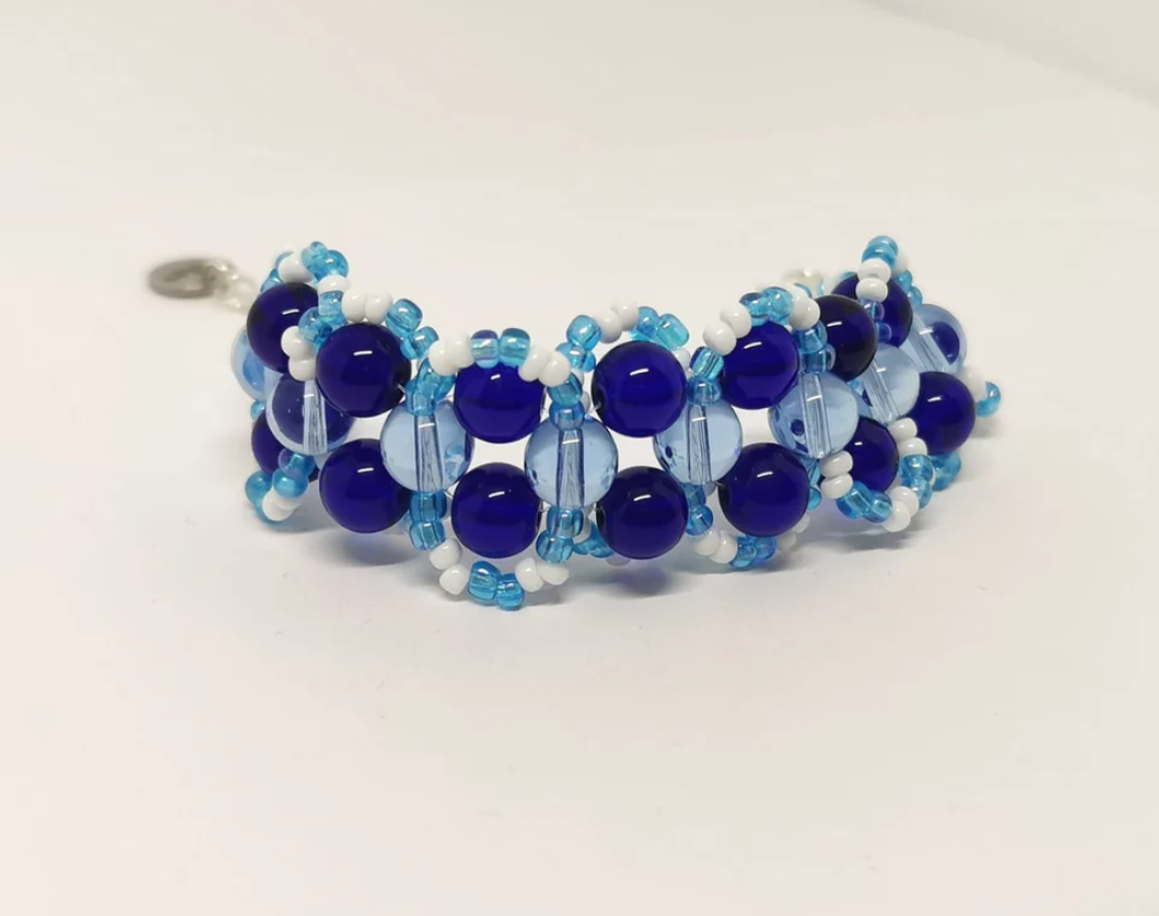 Blue and White Beadwork Glass Cuff Bracelet