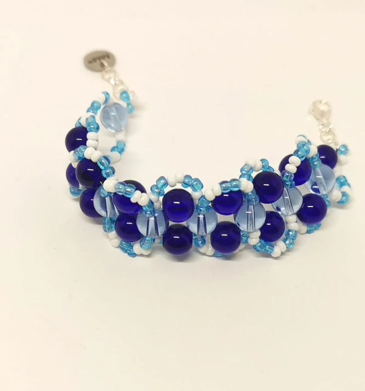 Blue and White Beadwork Glass Cuff Bracelet