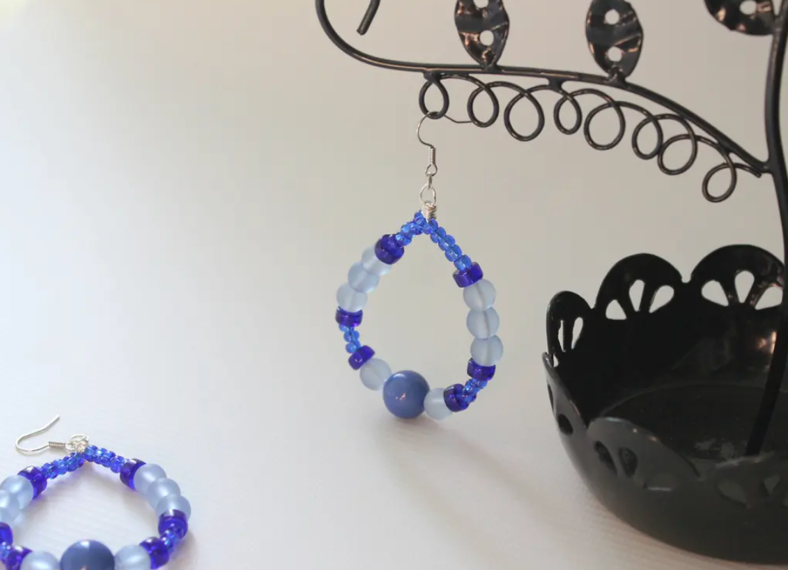 Blue Bonanza Wire Wrapped Globe and Glass Earrings