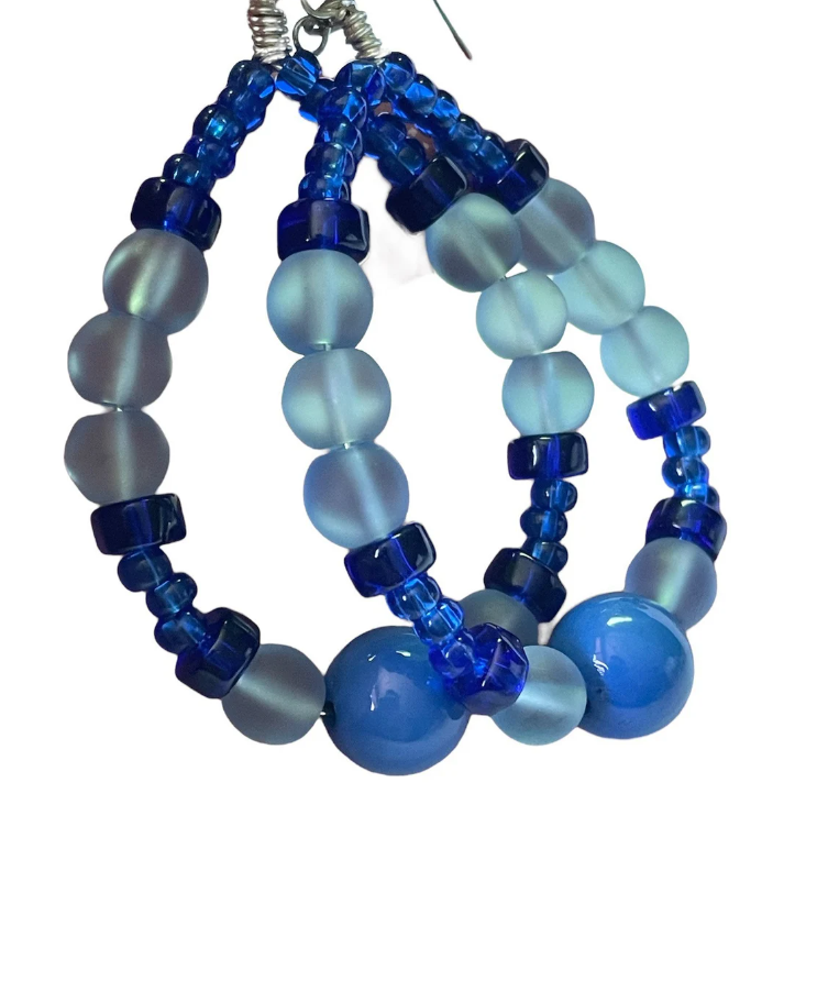 Blue Bonanza Wire Wrapped Globe and Glass Earrings