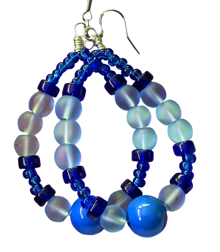 Blue Bonanza Wire Wrapped Globe and Glass Earrings