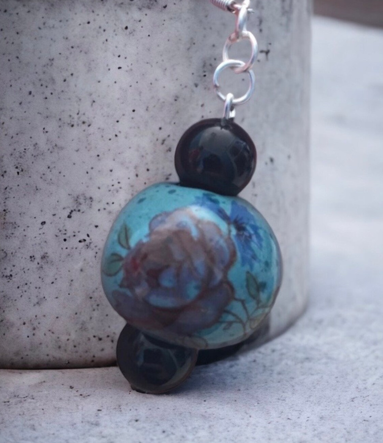 Blue Ceramic Floral and Black Agate Dangle Hook Sterling Silver Earrings