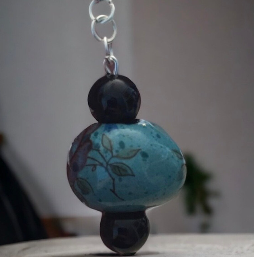 Blue Ceramic Floral and Black Agate Dangle Hook Sterling Silver Earrings