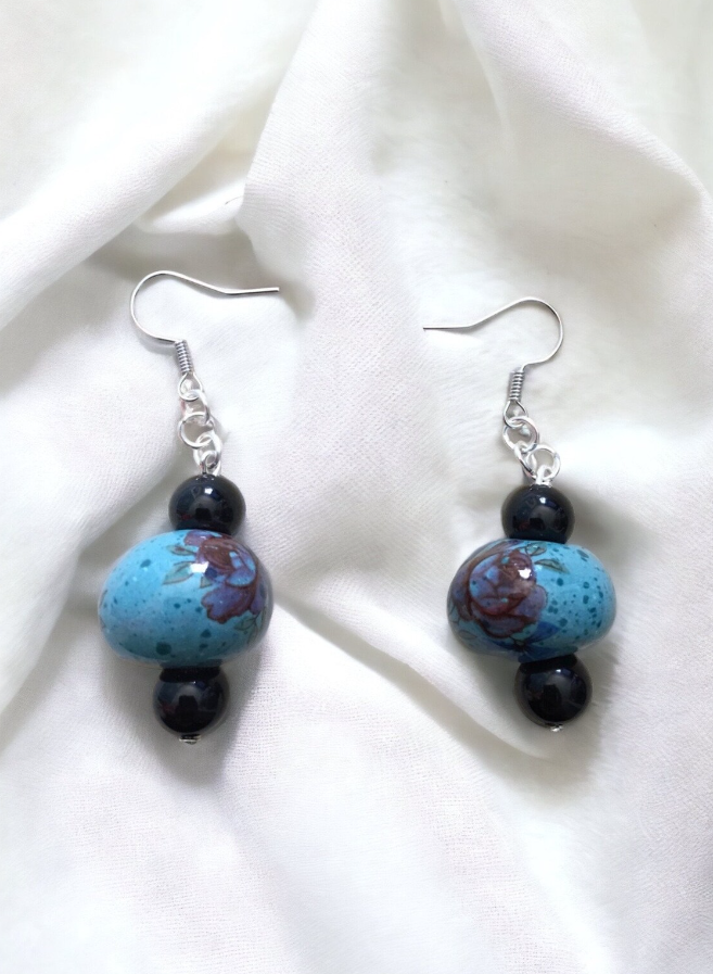 Blue Ceramic Floral and Black Agate Dangle Hook Sterling Silver Earrings