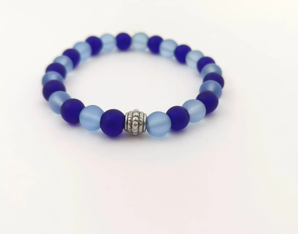 Blue Frosted Glass and Pewter Spacer Bracelet