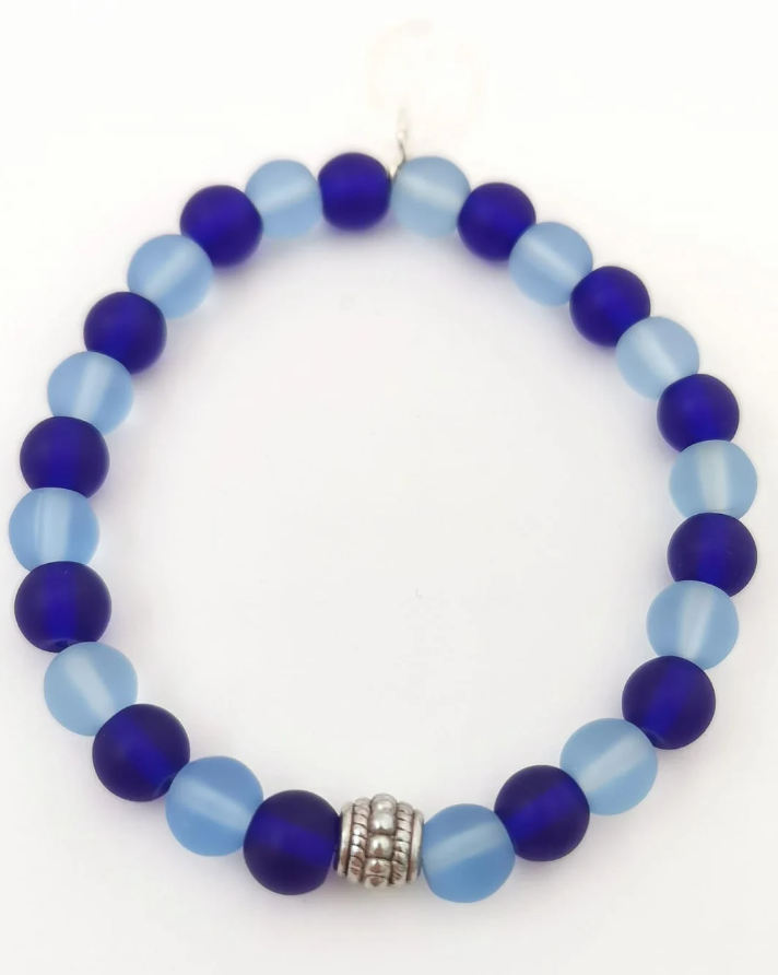 Blue Frosted Glass and Pewter Spacer Bracelet