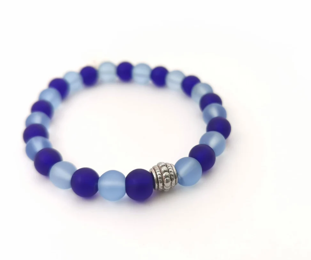 Blue Frosted Glass and Pewter Spacer Bracelet