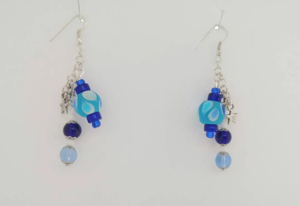 Blue Glass and Tibetan Silver Stars Dangle Hook Earrings