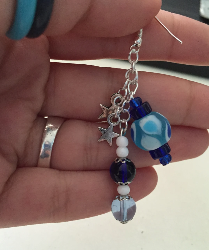Blue Glass and Tibetan Silver Stars Dangle Hook Earrings