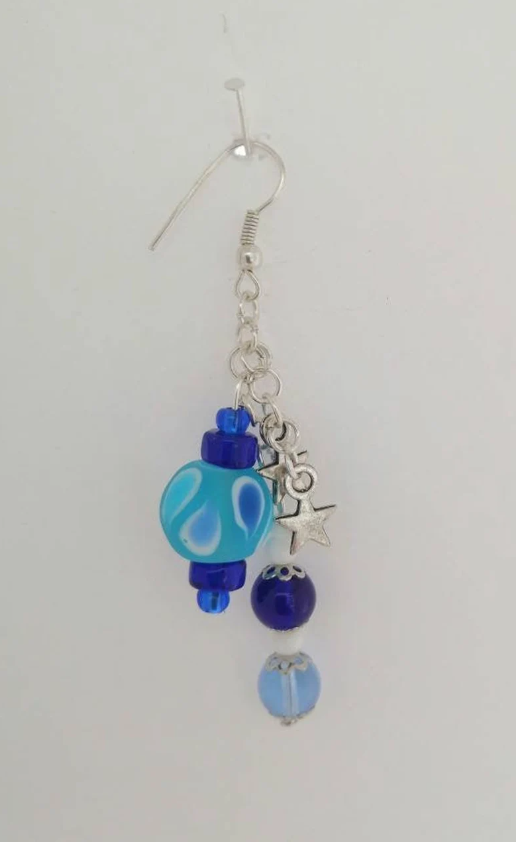 Blue Glass and Tibetan Silver Stars Dangle Hook Earrings