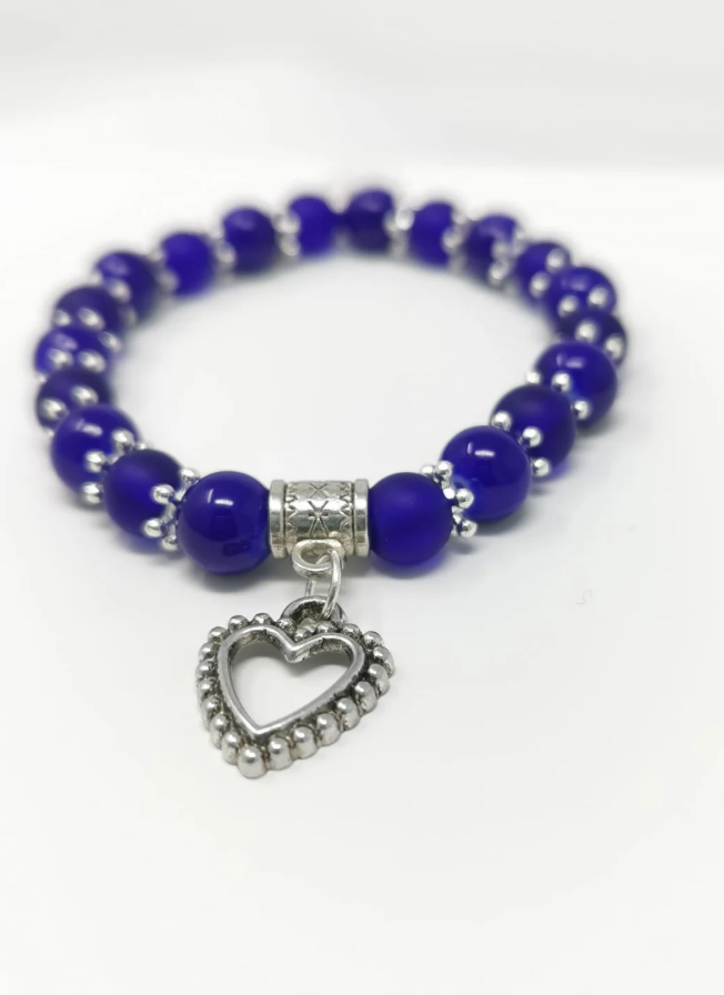 Blue Glass Bead and Open Heart Charm Bracelet