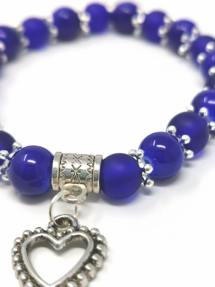 Blue Glass Bead and Open Heart Charm Bracelet