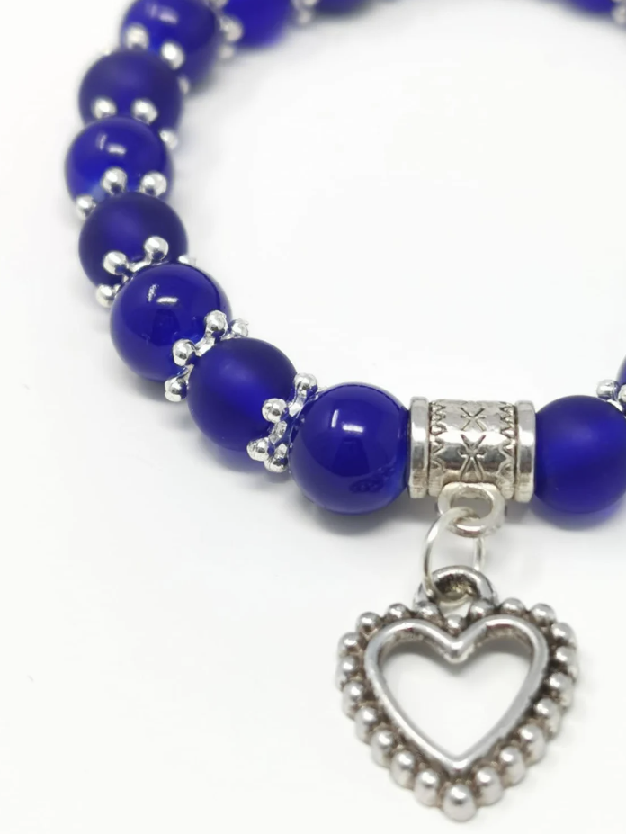 Blue Glass Bead and Open Heart Charm Bracelet
