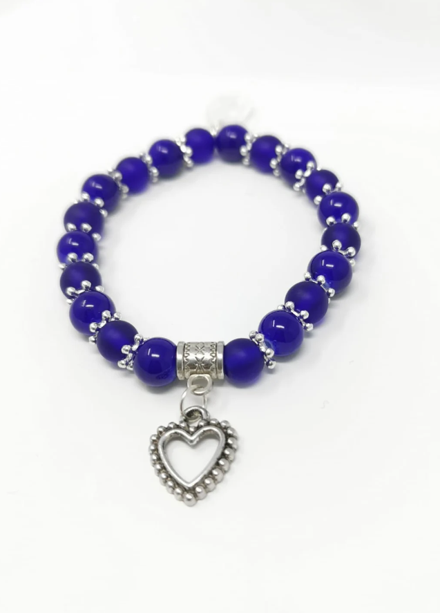 Blue Glass Bead and Open Heart Charm Bracelet