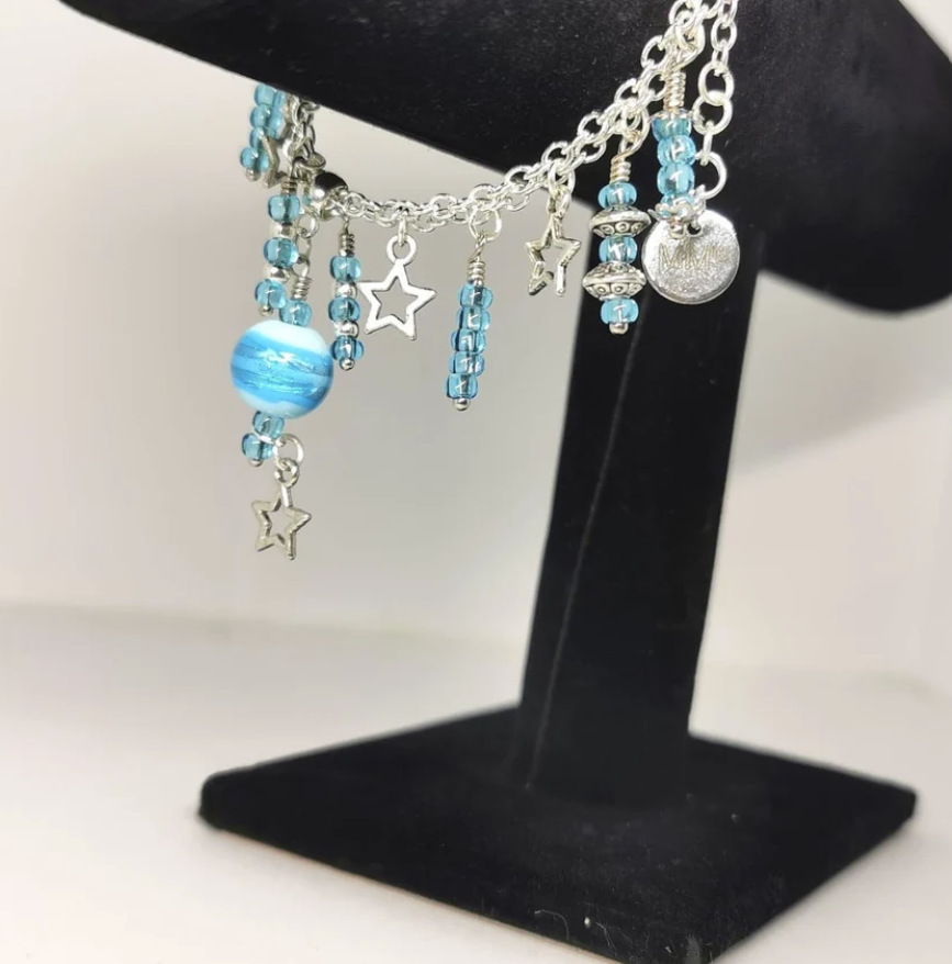 Blue Lamp Glass and Star Dangle Chain Bracelet