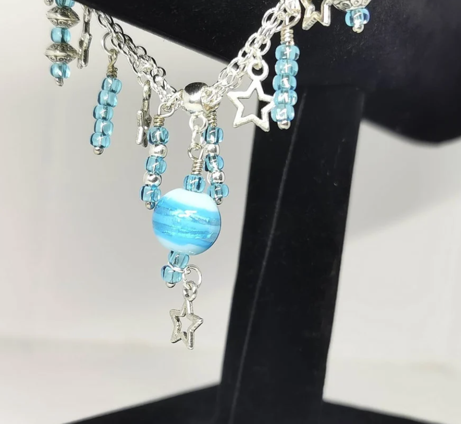 Blue Lamp Glass and Star Dangle Chain Bracelet