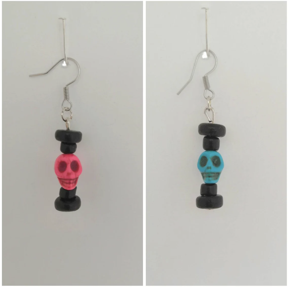 Glass Skull and Black Coconut Dangle Hook Earring