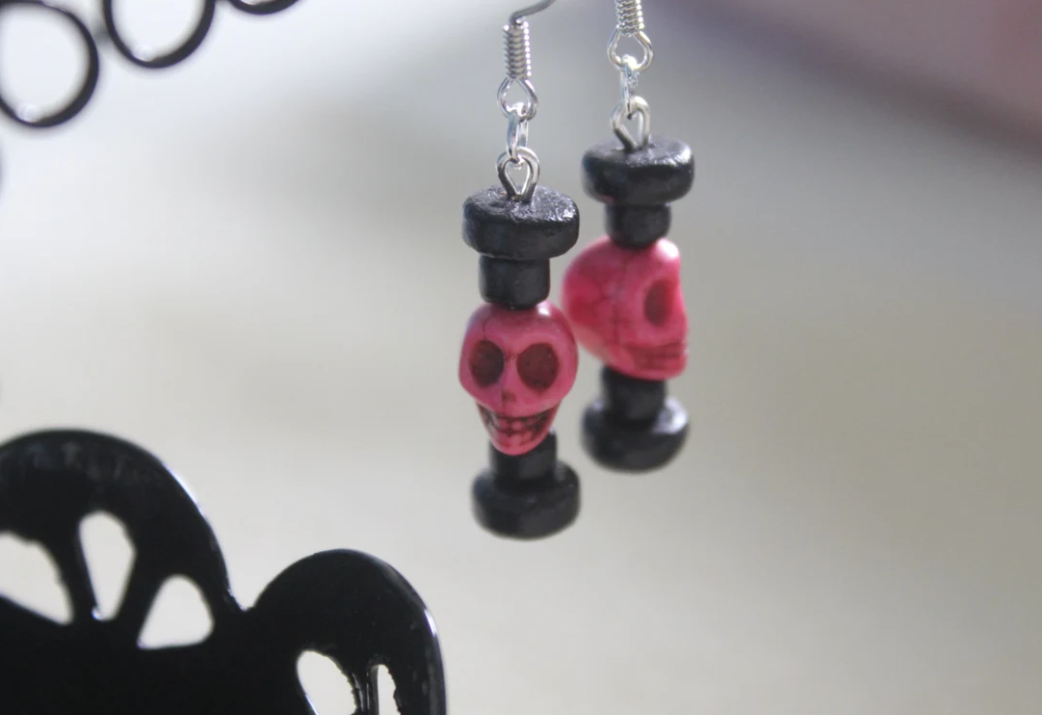 Glass Skull and Black Coconut Dangle Hook Earring