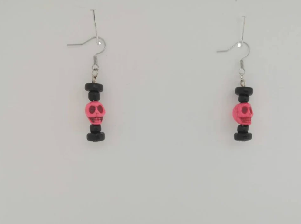 Glass Skull and Black Coconut Dangle Hook Earring